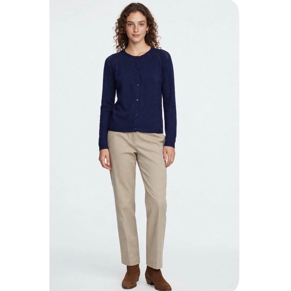 Cyrillus Paris Navy Blue Cotton Cashmere Pointelle Knit Cardigan Sweater 14
